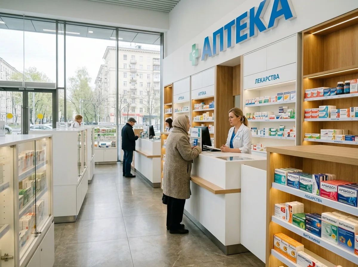 Светлый интерьер современной московской аптеки: белые витрины с препаратами, мягкое дневное освещение, деревянные полки, атмосфера порядка и профессионализма
