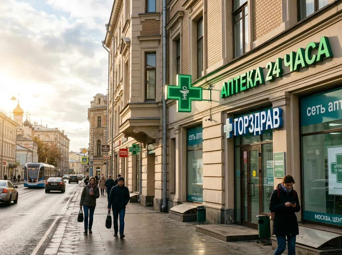 Сеть аптек в Москве: вывеска с зелёным крестом на фасаде здания, утреннее освещение, центр города