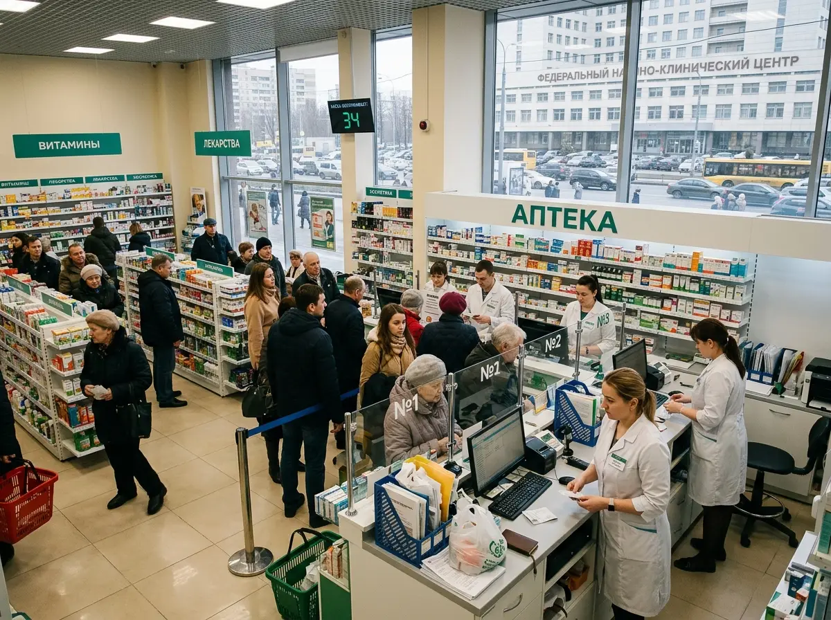 Аптека рядом с федеральным медицинским центром в Москве: широкий торговый зал, стойка фармацевта, высокий поток посетителей