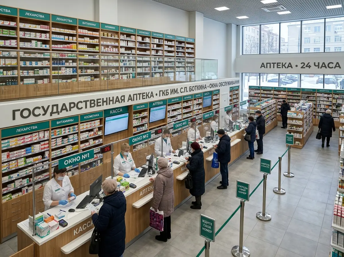 Просторная аптека 260 квадратных метров в медсанчасти Москвы, высокие стеллажи с лекарственными препаратами, несколько зон обслуживания