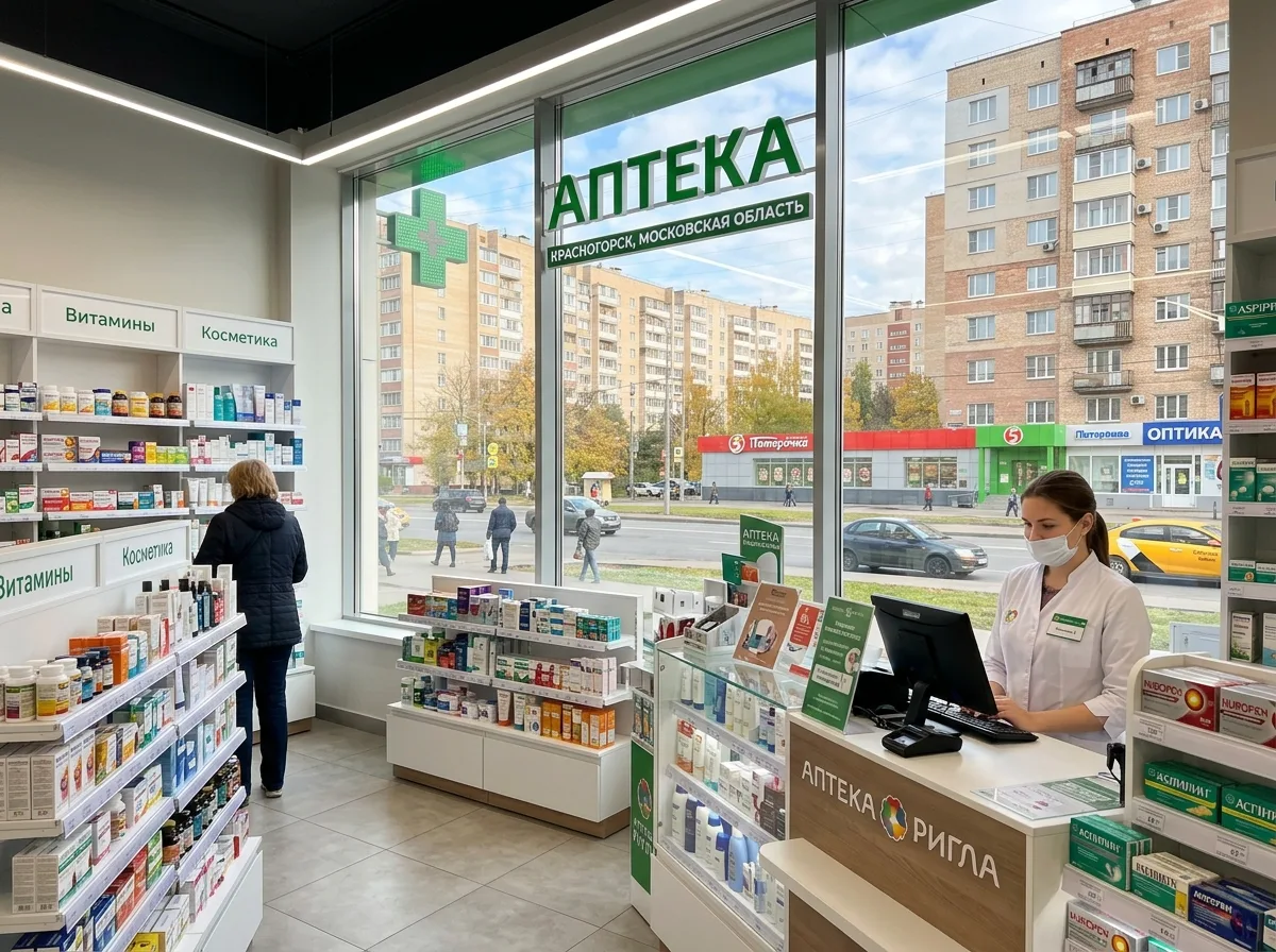 Аптека в Красногорске Подмосковье: современный торговый зал, светлые витрины, жилой микрорайон за окном