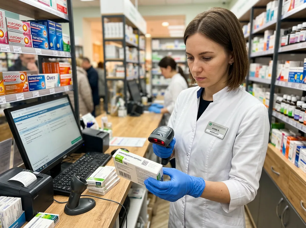 Сканирование кода DataMatrix на упаковке лекарственного препарата в аптеке